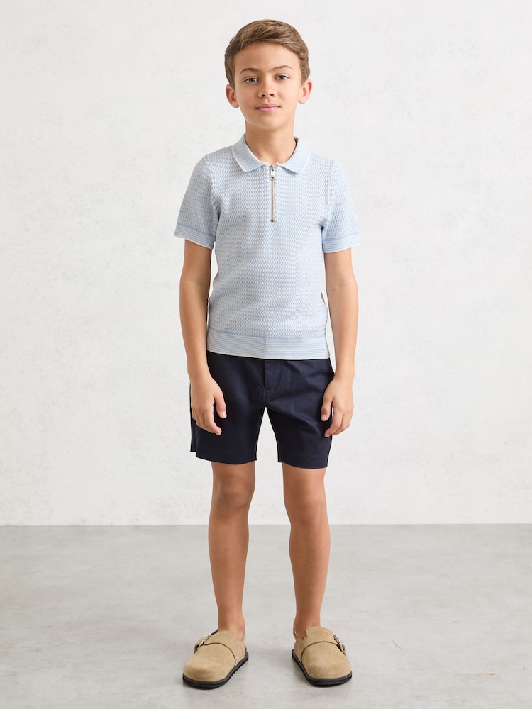 Reiss Ice Blue Brink 9-13 yrs Textured-Knit Half-Zip Polo Shirt - Image 1 of 4
