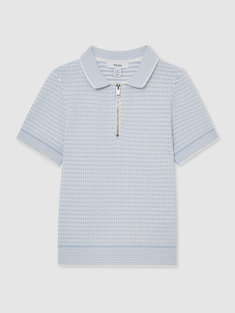 Reiss Ice Blue Brink 9-13 yrs Textured-Knit Half-Zip Polo Shirt - Image 2 of 4