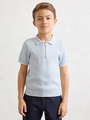 Reiss Ice Blue Brink 9-13 yrs Textured-Knit Half-Zip Polo Shirt - Image 3 of 4