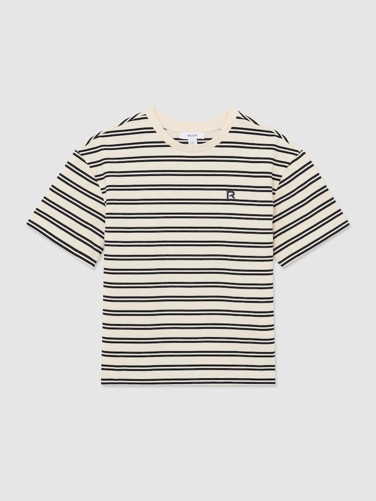 Reiss Navy/White Emerson Cotton Stripe Logo-Embroidered T-Shirt - Image 3 of 3