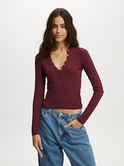 Cotton On Red Ryan Henley Long Sleeve Top - Image 1 of 4