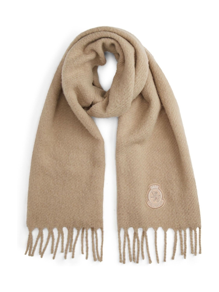 Tommy Hilfiger Natural TH Crest Houndstooth Wool Blend Fluffy Scarf - Image 1 of 4 Tommy Hilfiger Natural TH Crest Houndstooth Wool Blend Fluffy Scarf - Image 1 of 4