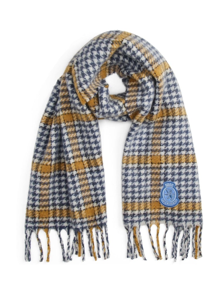Tommy Hilfiger Yellow TH Crest Houndstooth Wool Blend Fluffy Scarf - Image 1 of 4 Tommy Hilfiger Yellow TH Crest Houndstooth Wool Blend Fluffy Scarf - Image 1 of 4