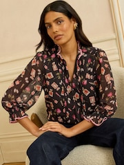 Love & Roses Black Cosmetic Notch Neck 3/4 Sleeve Blouse - Image 2 of 4