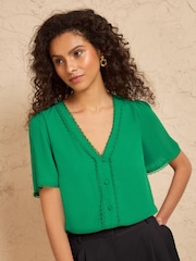 Love & Roses Green Notch Neck Button Through Short Sleeve Blouse - Image 1 of 4