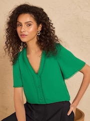 Love & Roses Green Notch Neck Button Through Short Sleeve Blouse - Image 4 of 4