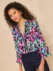 Love & Roses Animal Print Notch Neck 3/4 Flute Sleeve Button Through Blouse - Image 1 of 4