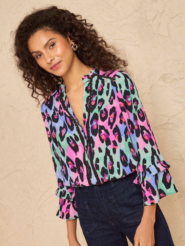 Love & Roses Animal Print Notch Neck 3/4 Flute Sleeve Button Through Blouse - Image 1 of 4