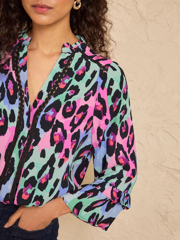 Love & Roses Animal Print Notch Neck 3/4 Flute Sleeve Button Through Blouse - Image 2 of 4