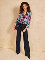 Love & Roses Animal Print Notch Neck 3/4 Flute Sleeve Button Through Blouse - Image 3 of 4