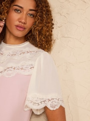 Love & Roses Blush Pink Two Tone Lace Detail Short Sleeve Blouse - Image 2 of 4