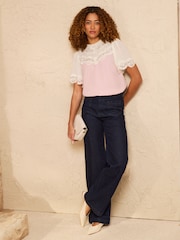 Love & Roses Blush Pink Two Tone Lace Detail Short Sleeve Blouse - Image 3 of 4