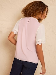 Love & Roses Blush Pink Two Tone Lace Detail Short Sleeve Blouse - Image 4 of 4