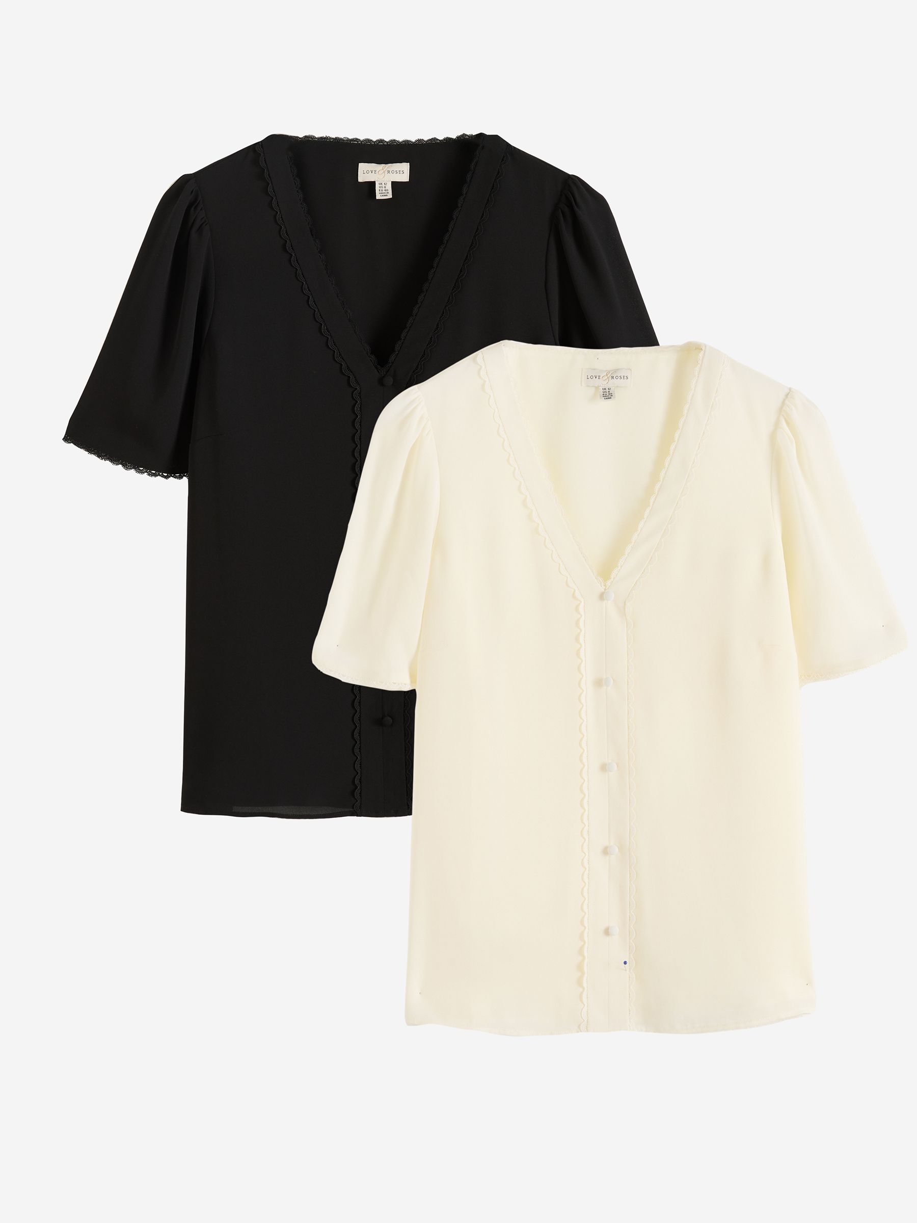 Love & Roses Black/Ivory Notch Neck Button Through Short Sleeve Blouse