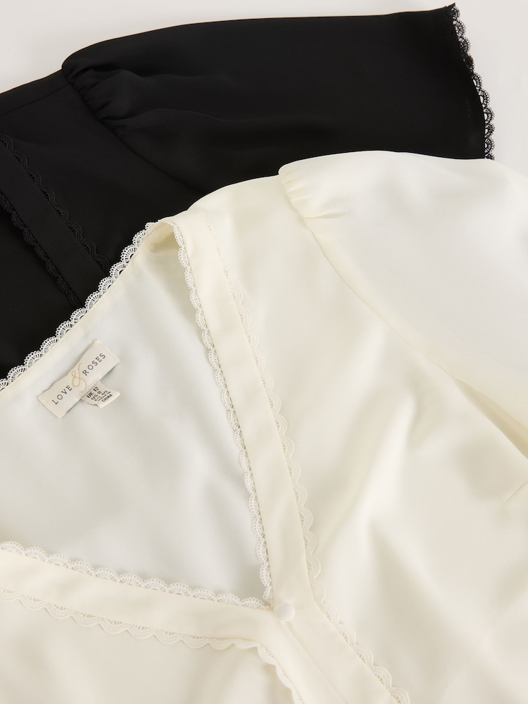 Love & Roses Black/Ivory Notch Neck Button Through Short Sleeve Blouse - Image 10 of 10