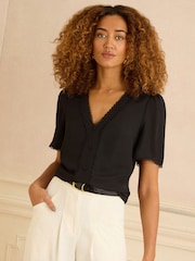 Love & Roses Black/Ivory Notch Neck Button Through Short Sleeve Blouses 2 Pack - Image 5 of 8