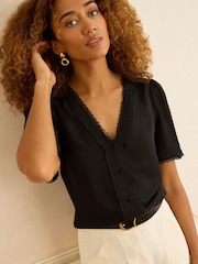 Love & Roses Black/Ivory Notch Neck Button Through Short Sleeve Blouses 2 Pack - Image 6 of 8