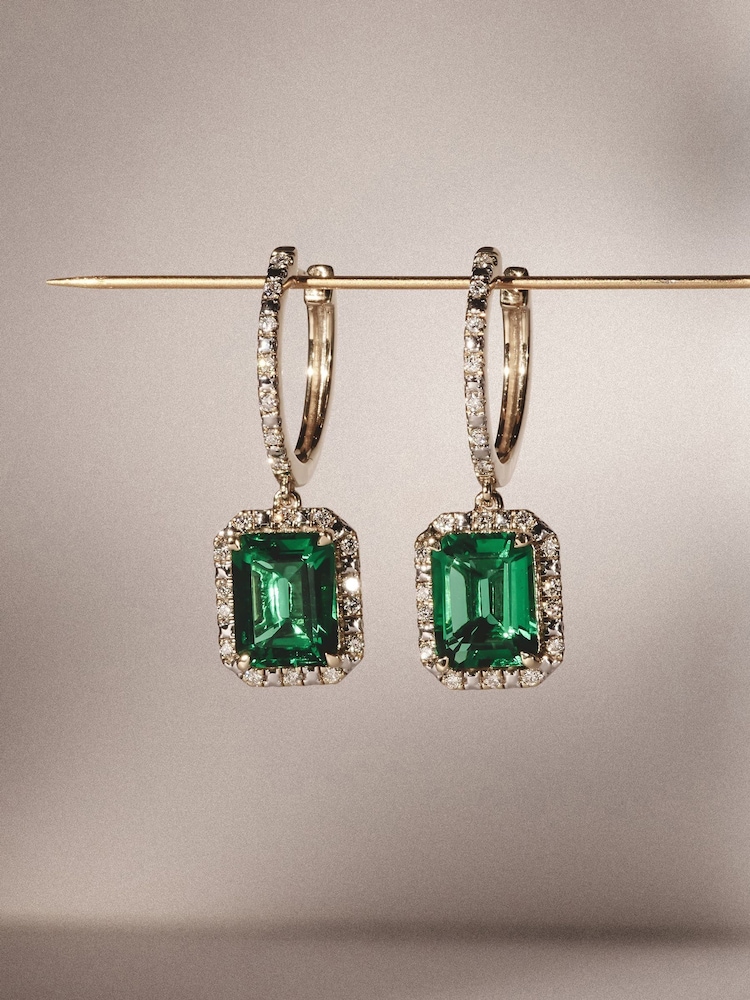 The Diamond Store Green Astra 3.00ct Octagon Cut Lab Emerald Halo Drop Earrings in 18K Gold Vermeil - Image 1 of 4