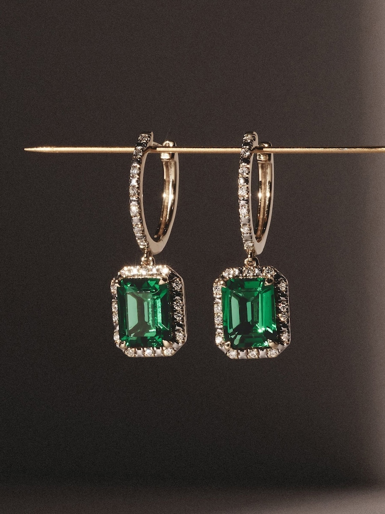 The Diamond Store Green Astra 3.00ct Octagon Cut Lab Emerald Halo Drop Earrings in 18K Gold Vermeil - Image 2 of 4