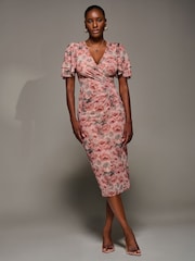 Jolie Moi Pink Angel Sleeve Mesh Bodycon Dress - Image 2 of 6