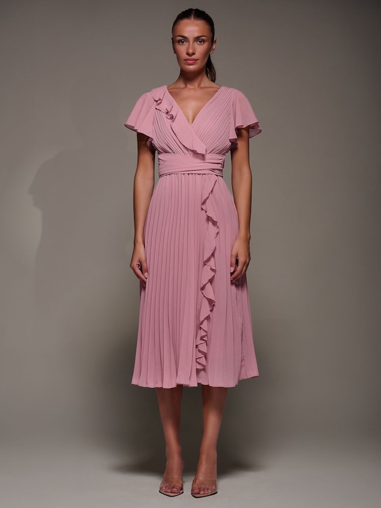 Jolie Moi Pink Chiffon Pleated Ruffle Midi Dress - Image 1 of 6 Jolie Moi Pink Chiffon Pleated Ruffle Midi Dress - Image 1 of 6