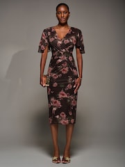 Jolie Moi Red Print Mesh Angel Sleeve Bodycon Midi Dress - Image 1 of 6