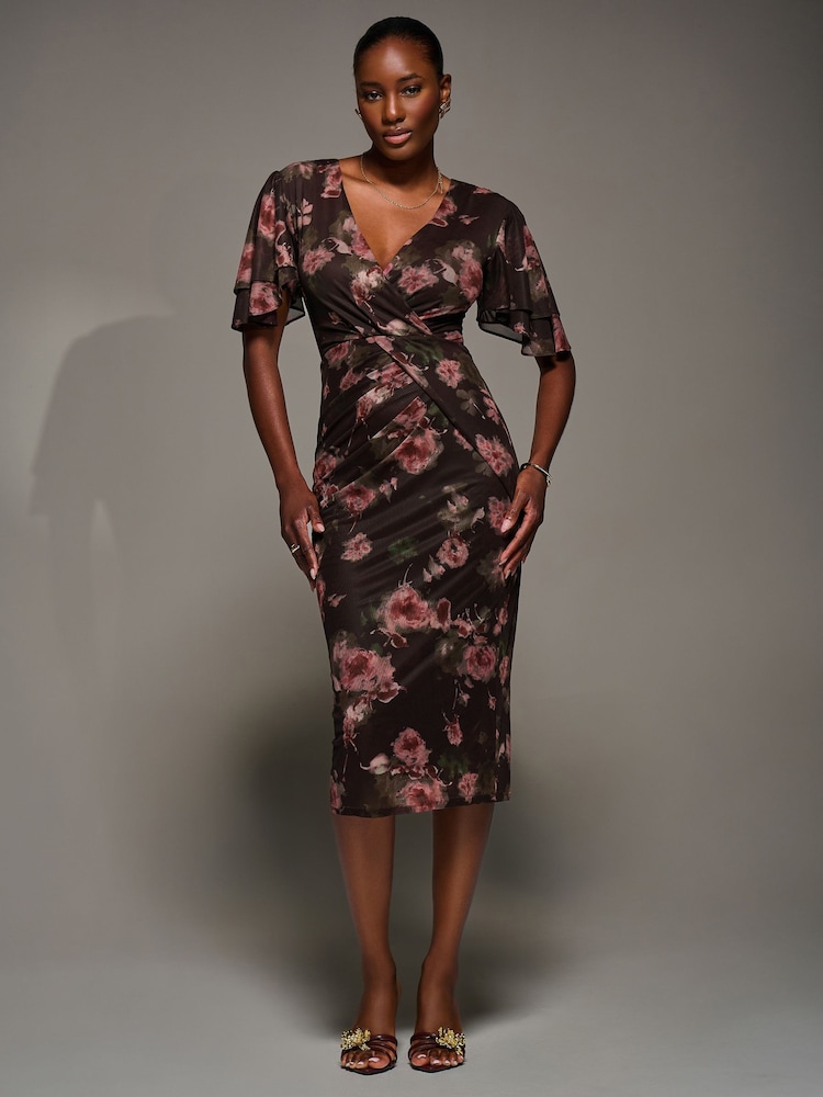 Jolie Moi Red Print Mesh Angel Sleeve Bodycon Midi Dress - Image 2 of 6