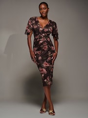 Jolie Moi Red Print Mesh Angel Sleeve Bodycon Midi Dress - Image 3 of 6