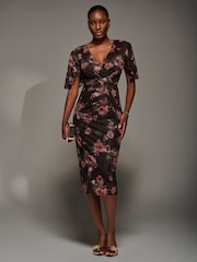 Jolie Moi Red Print Mesh Angel Sleeve Bodycon Midi Dress - Image 4 of 6