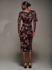 Jolie Moi Red Print Mesh Angel Sleeve Bodycon Midi Dress - Image 5 of 6