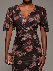 Jolie Moi Red Print Mesh Angel Sleeve Bodycon Midi Dress - Image 6 of 6