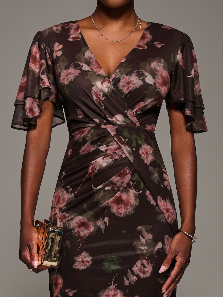 Jolie Moi Red Print Mesh Angel Sleeve Bodycon Midi Dress - Image 6 of 6