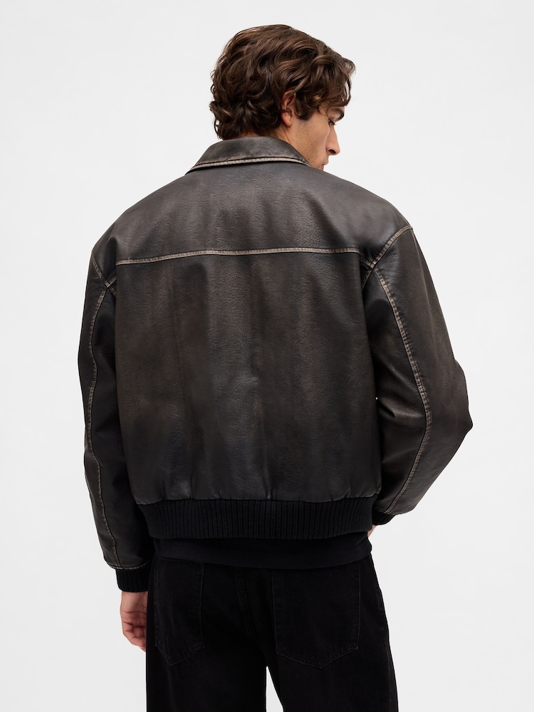 Gap Brown Vegan Leather Bomber Jacket - Image 2 of 5 Gap Brown Vegan Leather Bomber Jacket - Image 2 of 5
