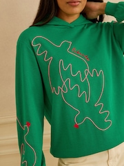 Love & Roses Bright Green Bird Embroidery Jersey Hoodie - Image 2 of 4