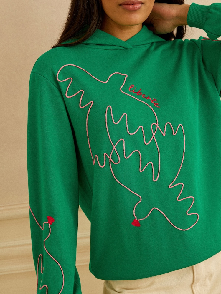 Love & Roses Bright Green Bird Embroidery Jersey Hoodie - Image 2 of 4 Love & Roses Bright Green Bird Embroidery Jersey Hoodie - Image 2 of 4