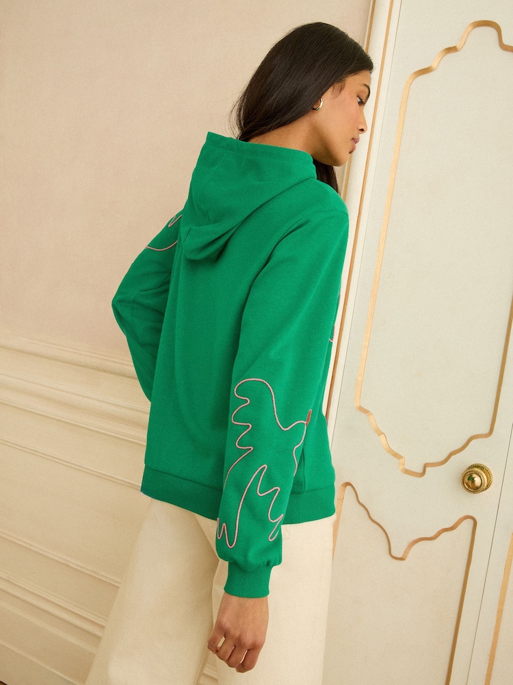 Love & Roses Bright Green Bird Embroidery Jersey Hoodie - Image 4 of 4 Love & Roses Bright Green Bird Embroidery Jersey Hoodie - Image 4 of 4