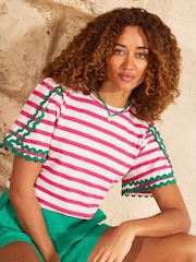Love & Roses Pink And White Stripe Crew Neck Ric Rac Sleeve Scallop T-Shirt - Image 1 of 4