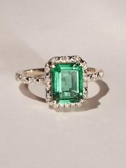 The Diamond Store Green Astra 1.50ct Octagon Cut Lab Emerald and Diamond Halo Ring With Side Stones in Vermeil - Image 1 of 3