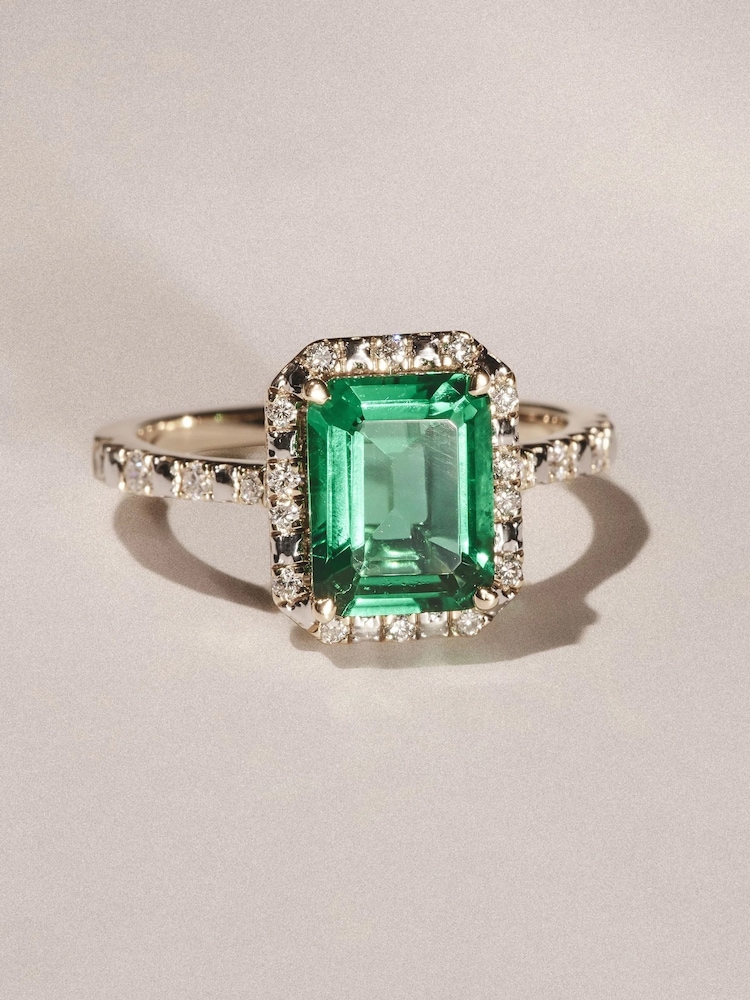 The Diamond Store Green Astra 1.50ct Octagon Cut Lab Emerald and Diamond Halo Ring With Side Stones in Vermeil - Image 1 of 3