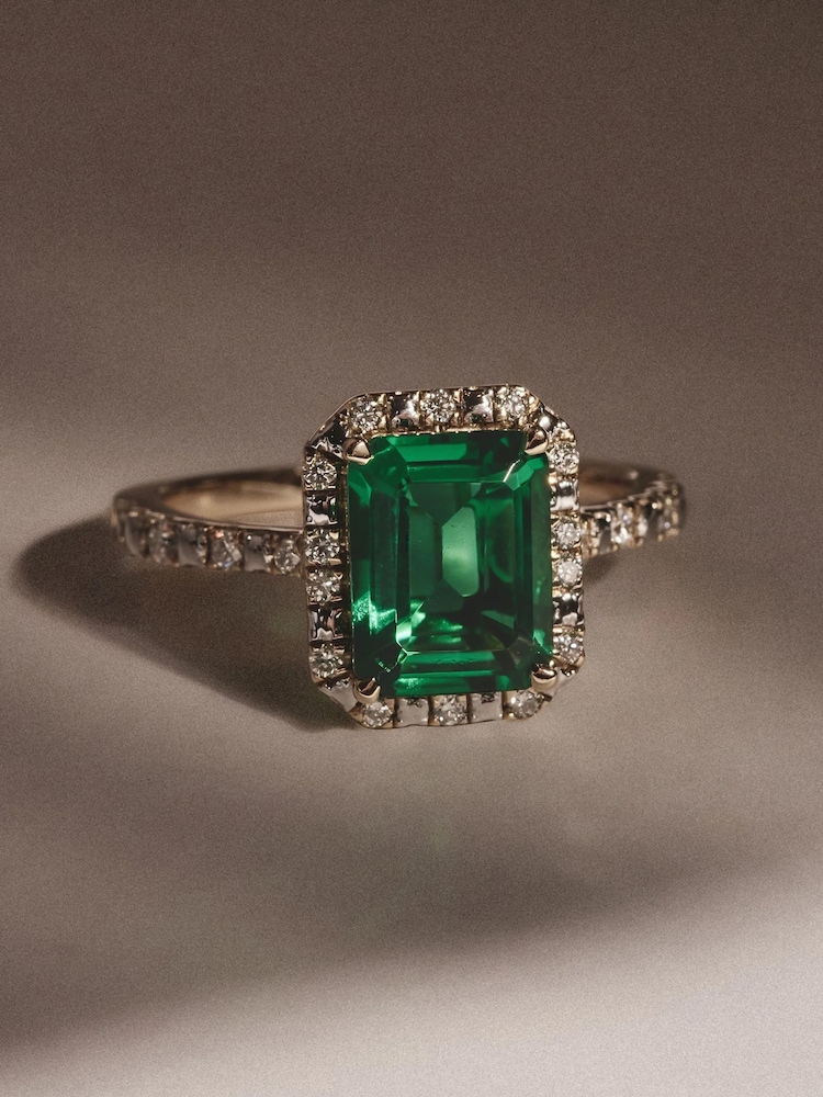 The Diamond Store Green Astra 1.50ct Octagon Cut Lab Emerald and Diamond Halo Ring With Side Stones in Vermeil - Image 2 of 3