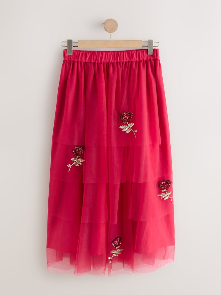 Rockett St George Red Roses Tiered Midi Skirt - Image 1 of 3