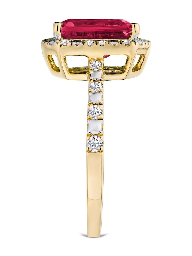 The Diamond Store Red Astra 1.50ct Octagon Cut Lab Ruby and Diamond Halo Ring With Side Stones in Vermeil - Image 2 of 6 The Diamond Store Red Astra 1.50ct Octagon Cut Lab Ruby and Diamond Halo Ring With Side Stones in Vermeil - Image 2 of 6