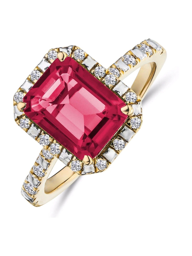 The Diamond Store Red Astra 1.50ct Octagon Cut Lab Ruby and Diamond Halo Ring With Side Stones in Vermeil - Image 5 of 5 The Diamond Store Red Astra 1.50ct Octagon Cut Lab Ruby and Diamond Halo Ring With Side Stones in Vermeil - Image 5 of 5