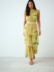 Kew Collection Yellow Floral - Bedrucktes Maxikleid mit hohem Ausschnitt und Stufen für besondere Anlässe - Bild 2 von 8