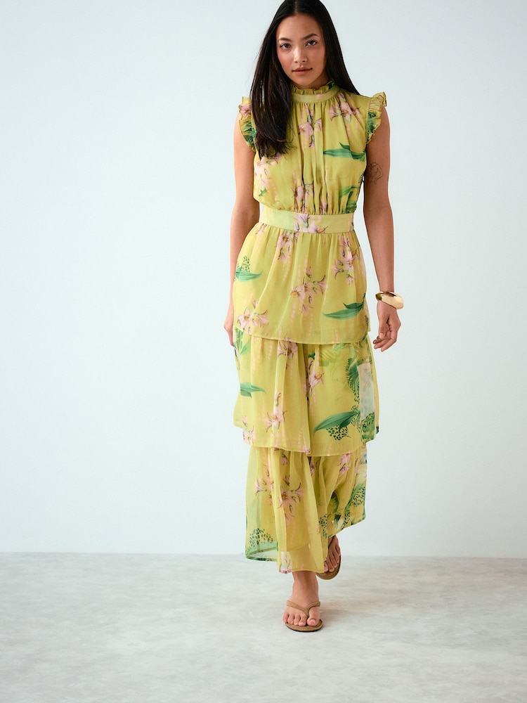 Kew Collection Yellow Floral - Bedrucktes Maxikleid mit hohem Ausschnitt und Stufen für besondere Anlässe - Bild 2 von 8