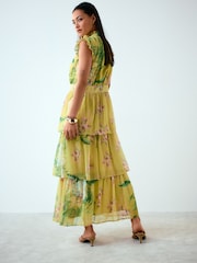 Kew Collection Yellow Floral - Bedrucktes Maxikleid mit hohem Ausschnitt und Stufen für besondere Anlässe - Bild 3 von 8