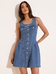 Lipsy Mid Wash Blue Strappy Corset Detail Denim Mini Dress - Image 1 of 5
