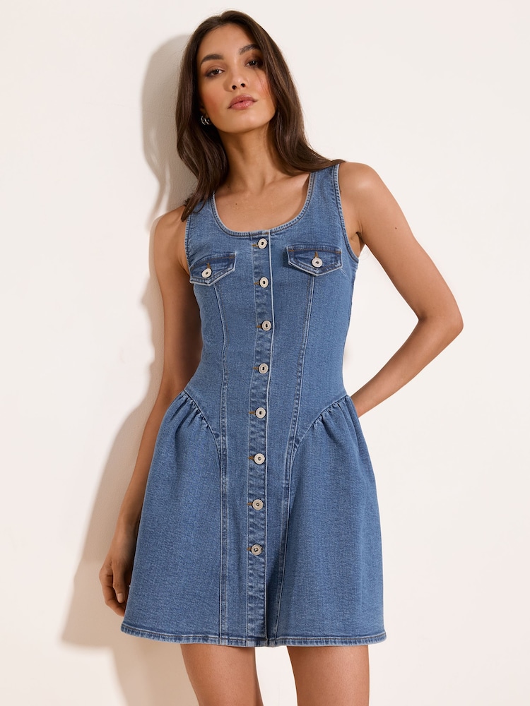 Lipsy Mid Wash Blue Strappy Corset Detail Denim Mini Dress - Image 1 of 5