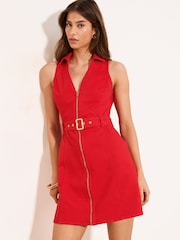 Lipsy Red Zip Through Denim Halter Mini Dress - Image 1 of 4