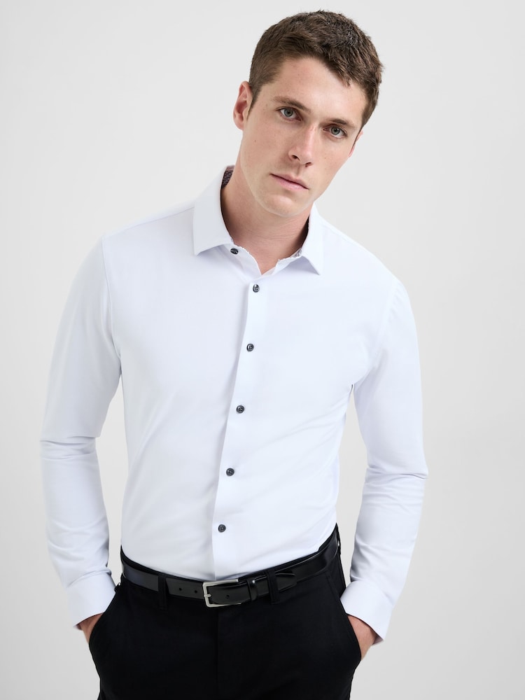 French Connection White Cotton Blend Slim Fit Long Sleeve Button-Up Shirt - Image 1 of 5 French Connection White Cotton Blend Slim Fit Long Sleeve Button-Up Shirt - Image 1 of 5